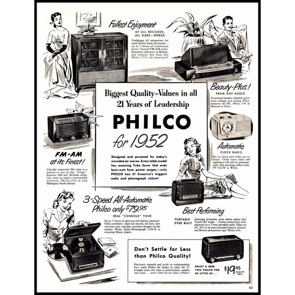 1952 Philco Radio Stereo Record Player Vintage Print Ad Midcentury Wall Art - Picture 1 of 1